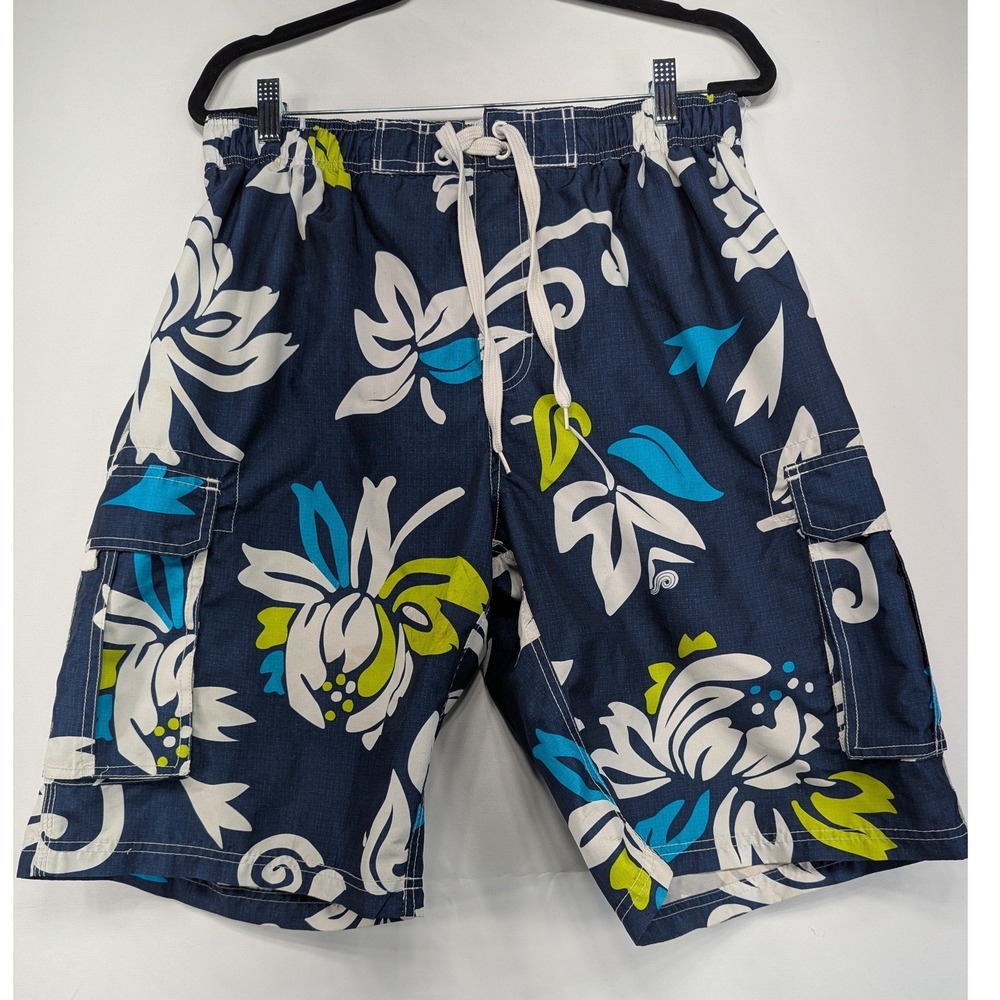 Kanu Surf Mens Swim‎ Trunks Board Shorts Navy Floral Print Cargo Pockets Size L